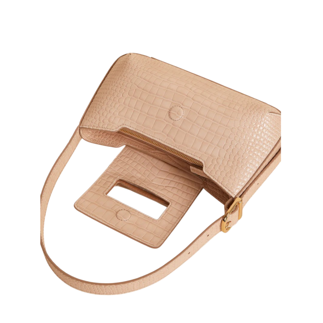 Regeneo Elegant Beige Croc-Embossed Baguette Bag