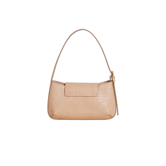 Regeneo Elegant Beige Croc-Embossed Baguette Bag