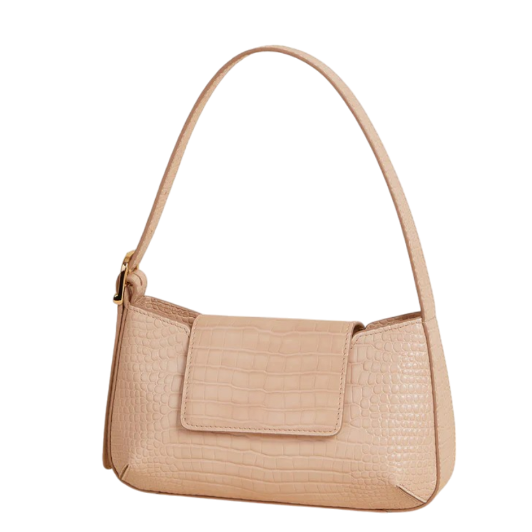 Regeneo Elegant Beige Croc-Embossed Baguette Bag
