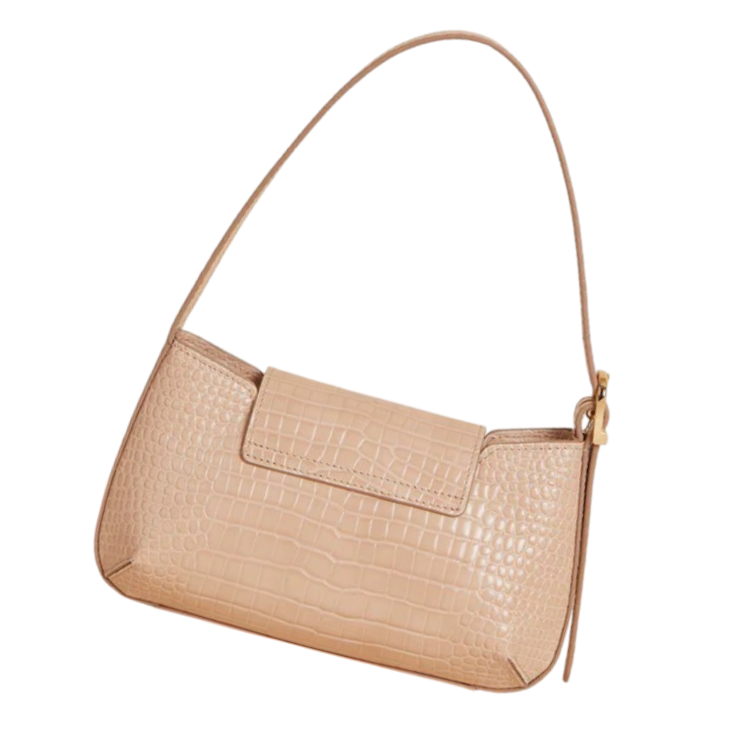 Regeneo Elegant Beige Croc-Embossed Baguette Bag